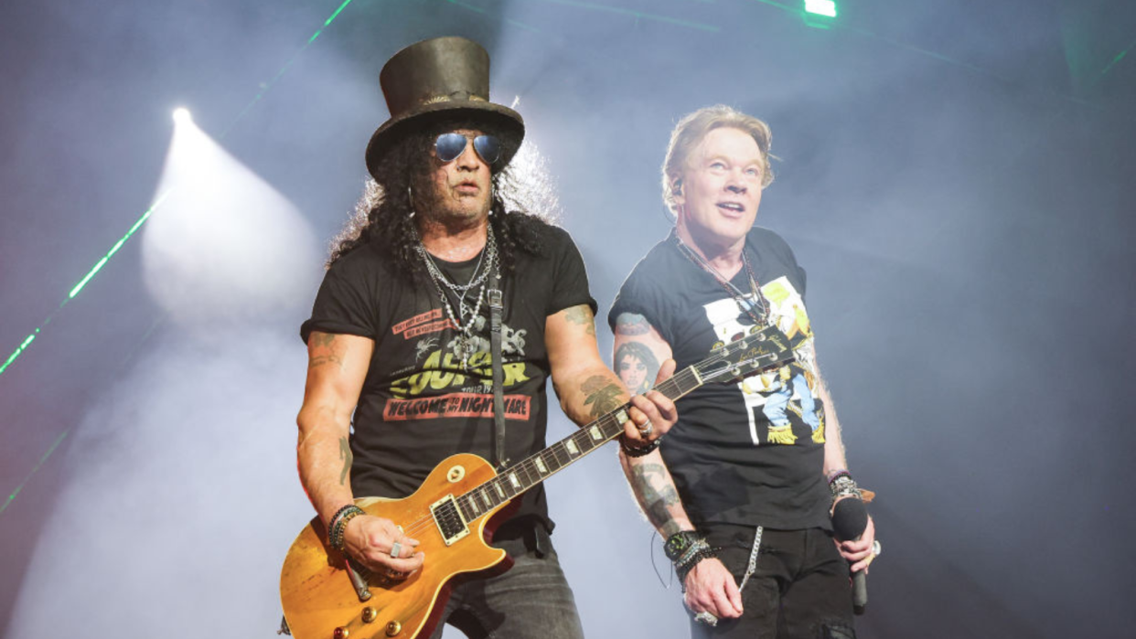  Slash and Axl Rose of Guns N' Roses perform onstage during the Power Trip music festival at Empire Polo Club on October 06, 2023 in Indio, California. . 
