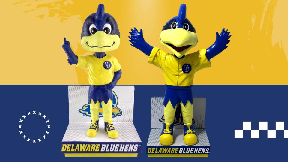 Baby Blue joins YoUDee as the University of Delaware's second Blue Hen mascot to become an officially licensed bobblehead in the National Bobblehead Hall of Fame and Museum in Milwaukee, Wisconsin. Baby Blue bobbleheads will be available on Sept. 8, 2023 and are part of a release celebrating the new academic year. YoUDee bobbleheads were released on Jan. 7, 2023, for National Bobblehead Day.