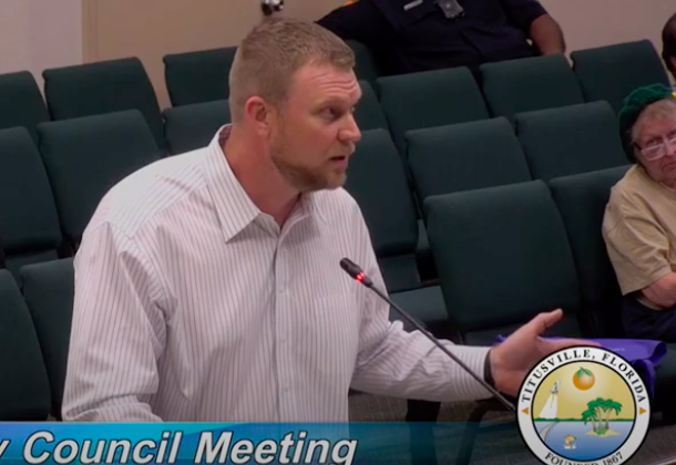 John Zemball, an engineer on the concrete recycling plant being planned for Titusville, defends the project to opponents at a recent meeting.