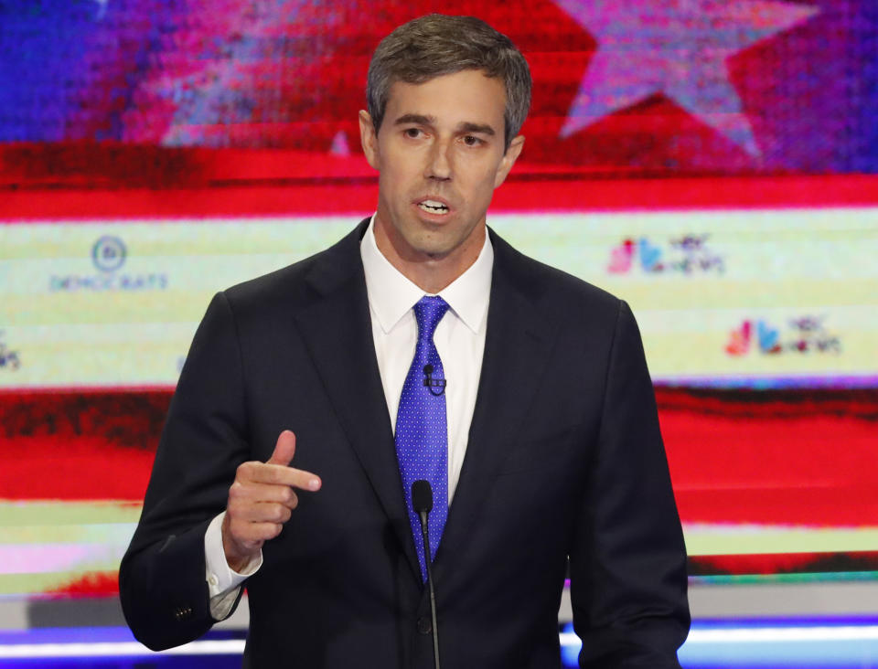 Democratic presidential candidate former Texas Rep. Beto O'Rourke gestures during a Democratic primary debate hosted by NBC News at the Adrienne Arsht Center for the Performing Arts, Wednesday, June 26, 2019, in Miami. (AP Photo/Wilfredo Lee)