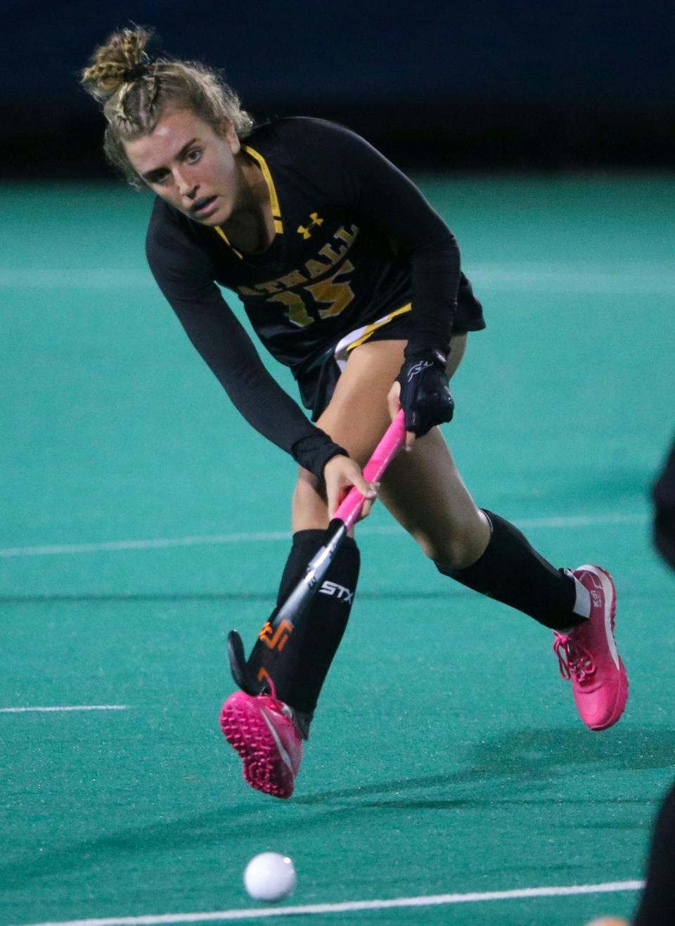 Tatnall's Carolyn Walker drives the ball upfield in Archmere's 1-0 win in a semifinal of the DIAA Division II state high school tournament at the University of Delaware's Rullo Stadium, Wednesday, Nov. 16, 2022.