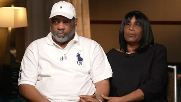 PHOTO: RowVaughn Wells, mother of Tyre Nichols sits with her husband, Tyre's stepfather Rodney Wells during an interview with ABC News, Jan. 27, 2023. (ABC News)