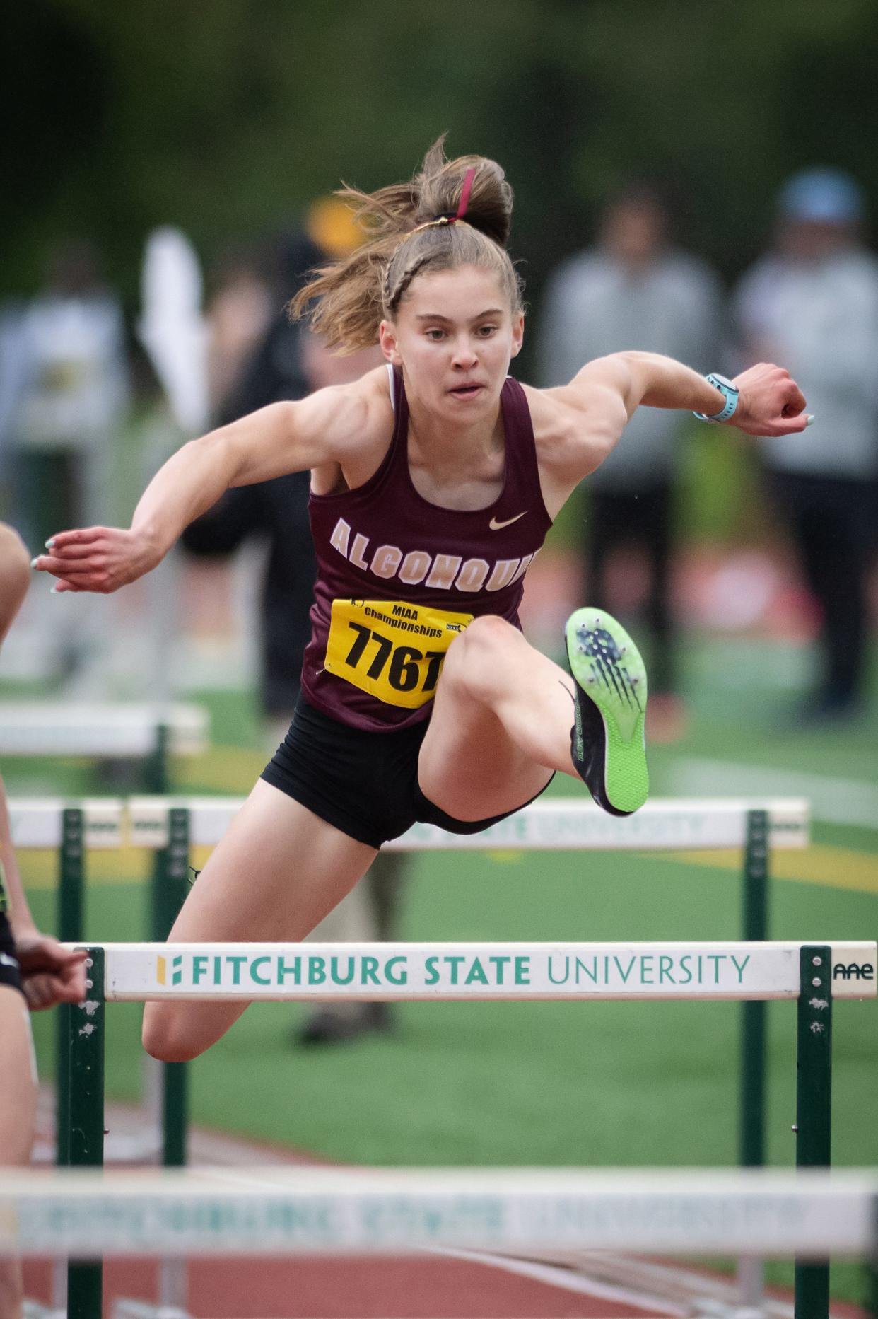 Algonquin junior Olivia LaBelle competes in the 100m hurdles during the MIAA Meet of Champions on Saturday June 03, 2023 at Fitchburg State University.