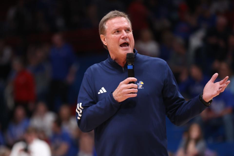 Kansas basketball coach Bill Self speaks after the Jayhawks' Sunflower Showdown game inside Allen Fieldhouse on March 5, 2024.