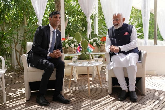 Prime Minister Rishi Sunak meeting with Narendra Modi during the G7 leaders’ summit (Christopher Furlong/PA)