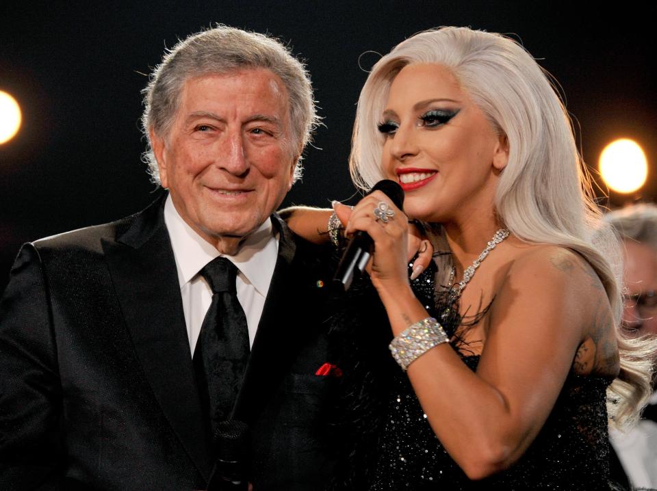 Recording artists Lady Gaga (R) and Tony Bennett perform onstage during The 57th Annual GRAMMY Awards at the STAPLES Center on February 8, 2015