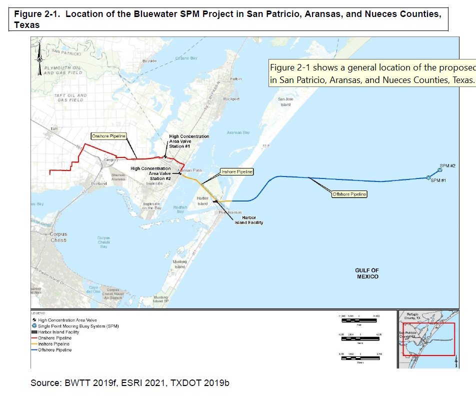 This map, credited to the Texas Department of Transportation, details the location of the proposed Bluewater Texas Terminal Deepwater Port project.