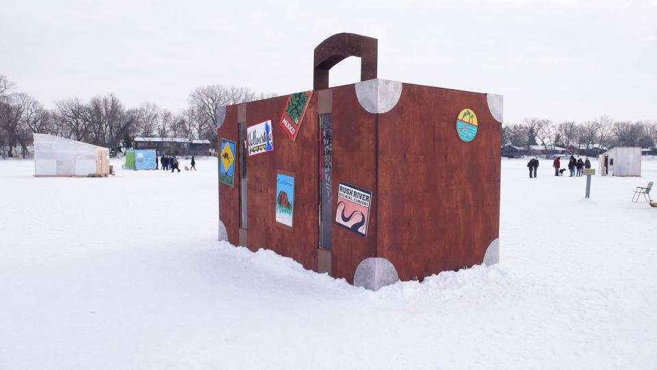 "Suitcase Art Shanty" by Mike Haeg. The Brattleboro Museum & Art Center's exhibit "Artful Ice Shanties" in February 2021.