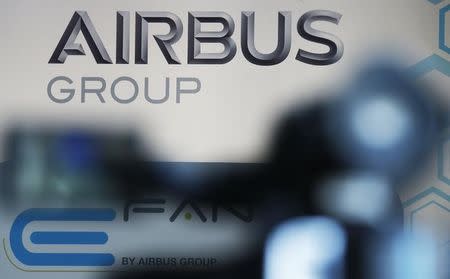 The logo of Airbus Group is seen during the first public flight of an E-Fan aircraft during the e-Aircraft Day at the Bordeaux Merignac airport, southwestern France, April 25, 2014. REUTERS/Regis Duvignau
