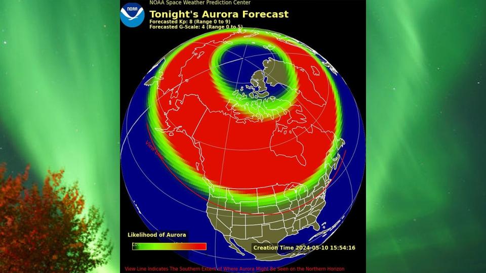 <div>Northern lights aurora borealis forecast for DC, MD & VA; G4 Severe Geomagnetic Storm Watch issued (NOAA)</div>