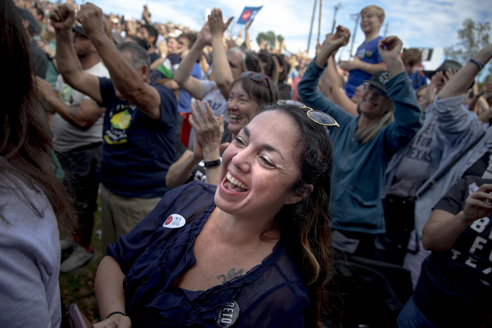 Kristen Garcia Cantu cheers during a rally for Beto O'Rourke, D-El Paso, at the Pan American Neighborhood Park in Austin, Texas, on Sunday, Nov. 4, 2018. (Nick Wagner/Austin American-Statesman via AP)