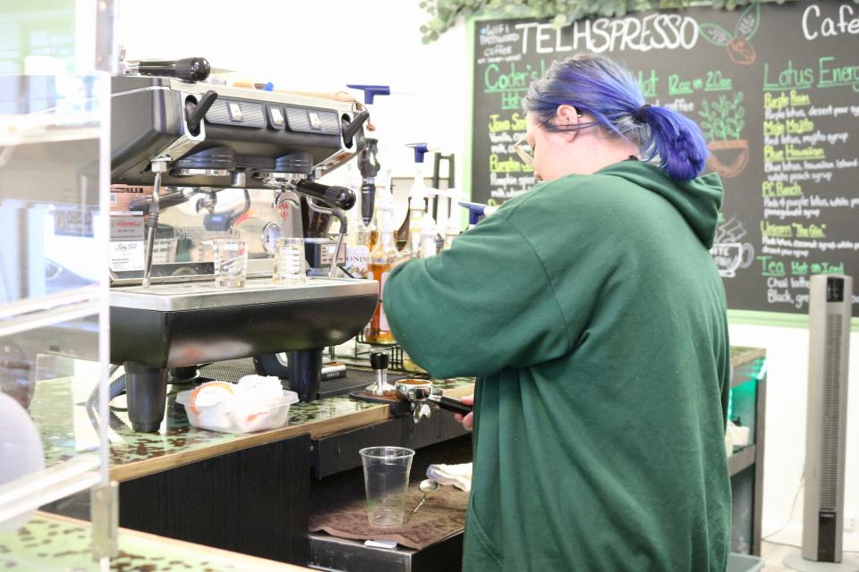 Emily Connors works Monday at Techspresso Lounge & Cafe, which recently opened in Panama City Beach.