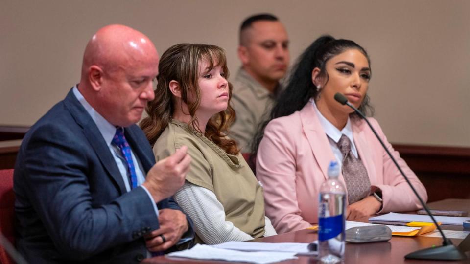 PHOTO: Hannah Gutierrez Reed, center, with her attorney Jason Bowles and paralegal Carmella Sisneros appear during her sentencing hearing in First District Court in Santa Fe, NM, April 15, 2024. (Eddie Moore/Getty Images)