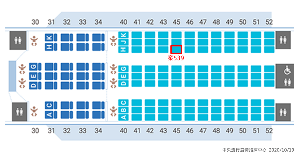 案539班機座位圖。   圖：中央流行疫情指揮中心/提供