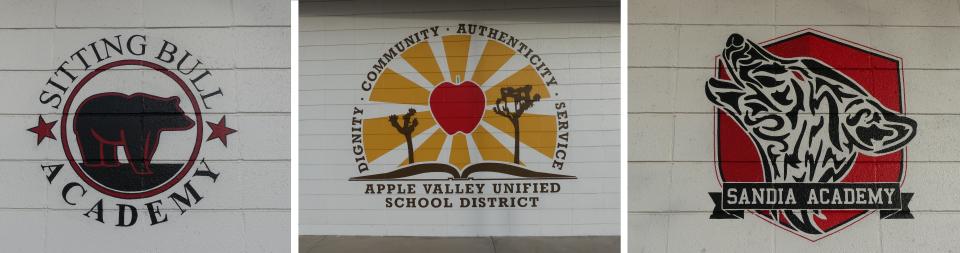 Business owner Miguel Gonzalez continues to  paint by hand, over a dozen school logos for the Apple Valley Unified School District.