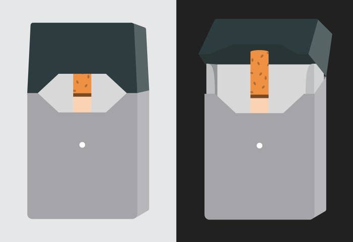 A diptych illustration: On the left is a juul pod, and on the right, the juul pod's top mouthpiece section seems to be opening to reveal that it's a cigarette pack with a single cigarette