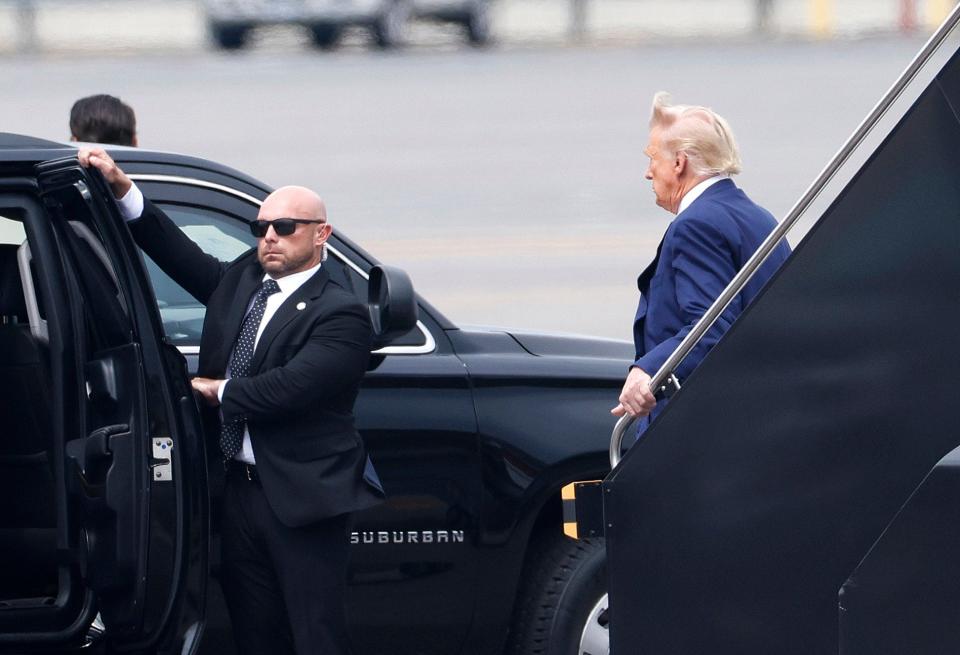 Former U.S. President Donald Trump arrives at Ronald Reagan Washington National Airport on August 3, 2023 in Arlington, Virginia. Trump is scheduled to be arraigned on four felony counts in federal court today for his alleged efforts to overturn the results of the 2020 presidential election.