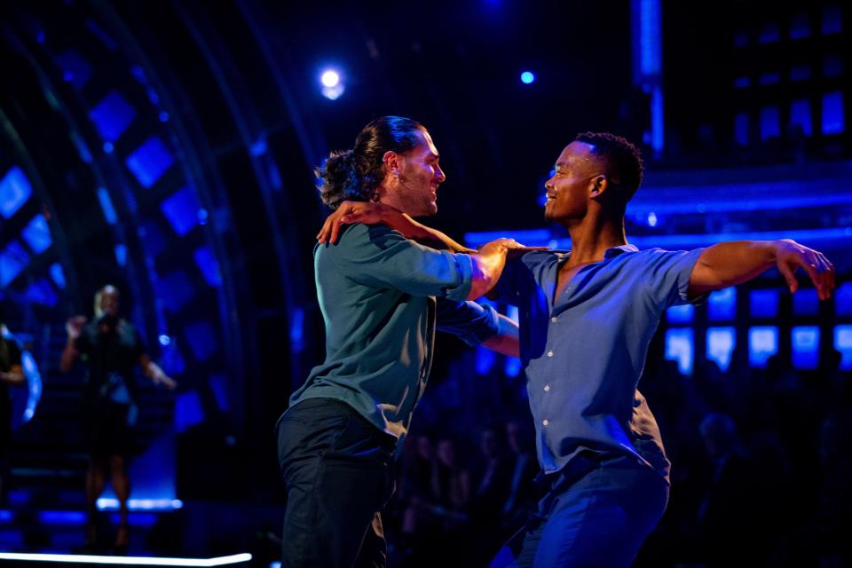 Pro dancers Graziano Di Prima (left) and Johannes Radebe performed together during a routine in 2019PA