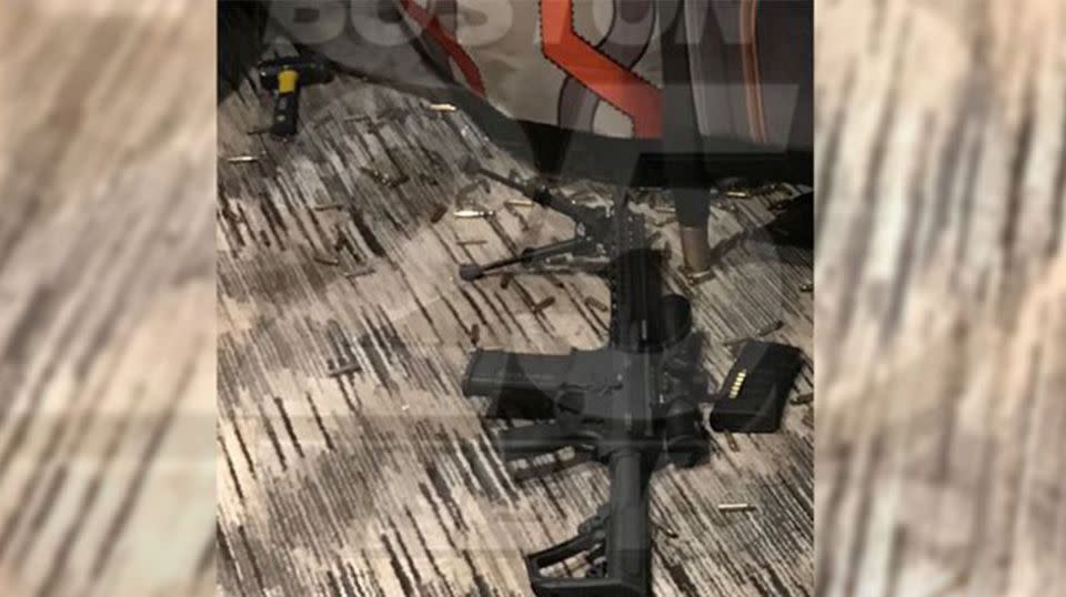 Images taken inside Paddock’s hotel room show a rifle, rounds of ammunition, bipod and a hammer used to smash through the window. Source: Boston 25 Twitter