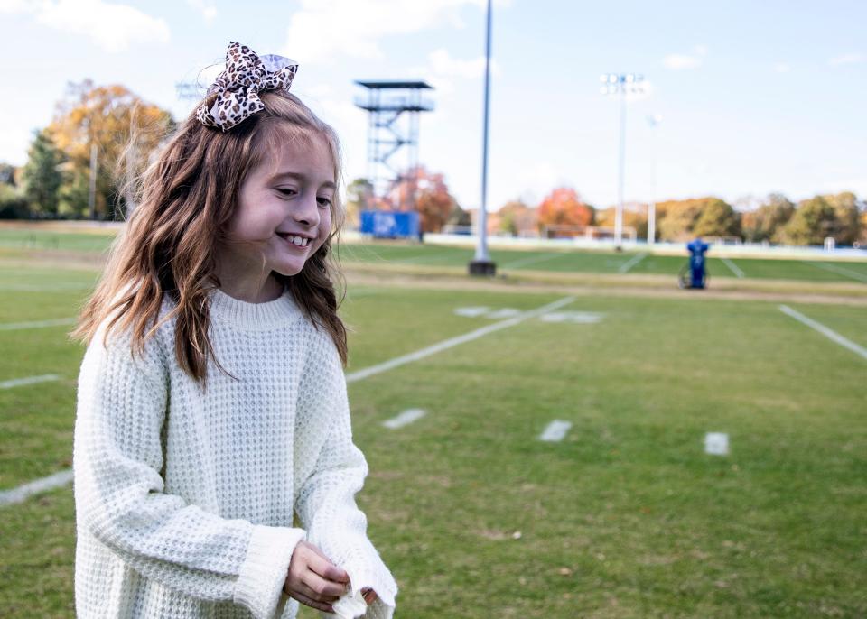Landrey Eargle, who is battling a rare genetic condition, at Memphis practice facility Wednesday, Nov. 17, 2021.