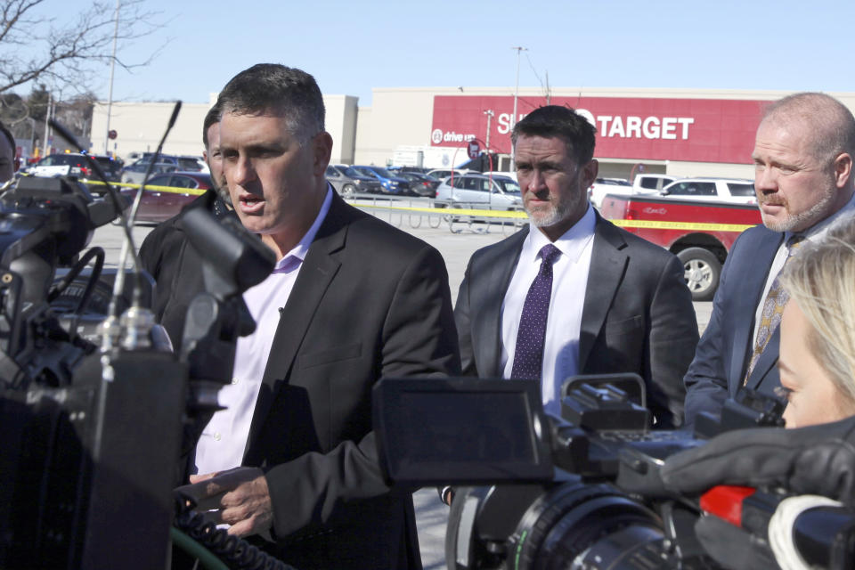 Omaha Police Chief Todd Schmaderer briefs reporters outside a west Omaha Target store, Tuesday, Jan 31, 2023, in Omaha, Neb., where officers killed a man armed with an AR-15 style rifle. (AP Photo/Josh Funk)