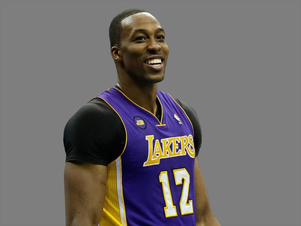 Dwight Howard headshot, as Los Angeles Lakers center, graphic element on gray