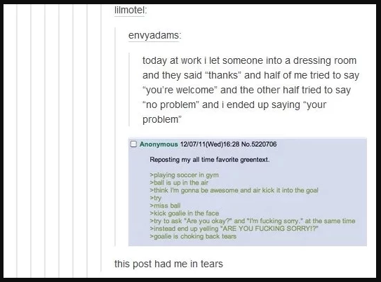 A screenshot of a Tumblr post with humorous personal anecdotes, followed by a meme on accidental soccer ball kicks