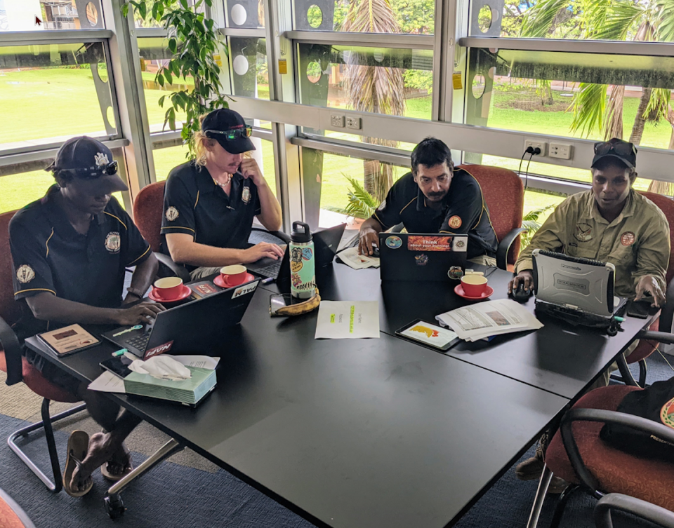 Tiwi Rangers at a training session on using satellite data and digital mapping for fire management. Rohan Fisher, Author provided