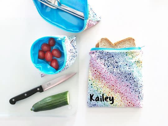 A matching rainbow print personalized snack bag