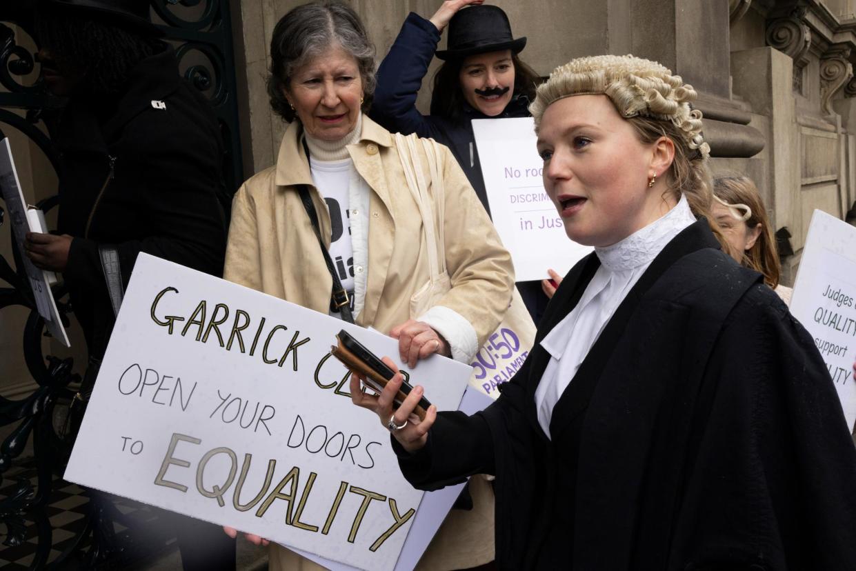 <span>A protest outside the Garrick Club in central London in March. Members say disagreements over the issue are poisoning the atmosphere within the club.</span><span>Photograph: Graeme Robertson/The Guardian</span>