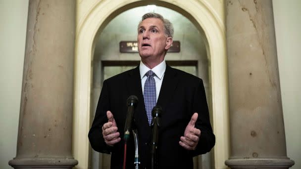 PHOTO: Speaker of the House Kevin McCarthy (R-CA) speaks during a news conference outside of his office at the U.S. Capitol, Jan. 24, 2023, in Washington. (Drew Angerer/Getty Images)