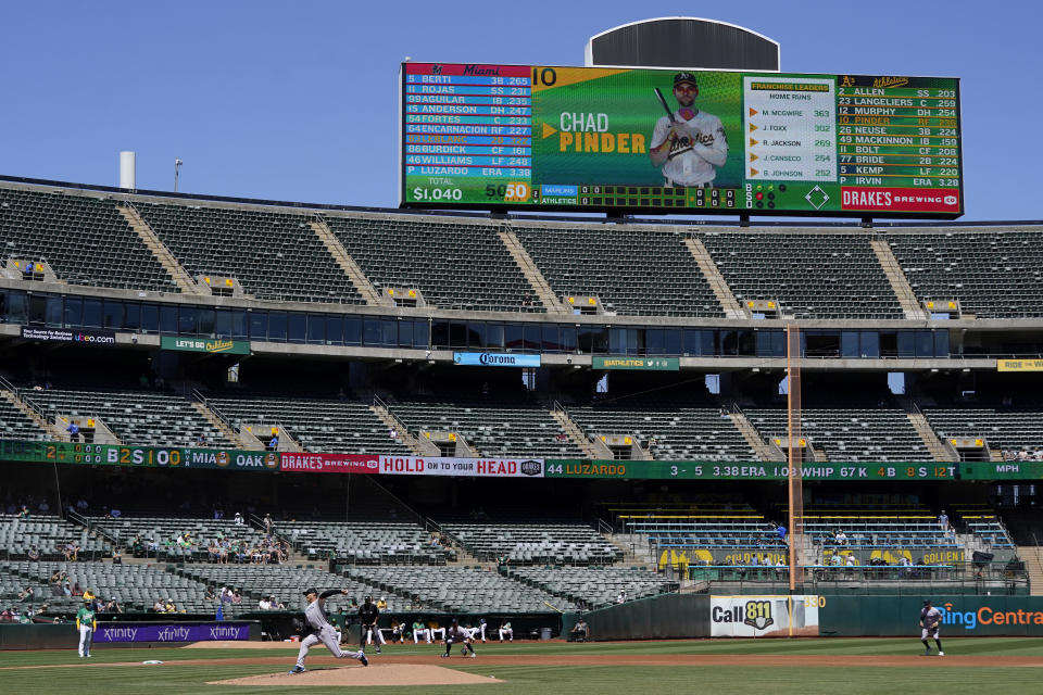 Miami Marlins' Jesus Luzardo, bottom, pitches against the Oakland Athletics during the second inning of a baseball game in Oakland, Calif., Wednesday, Aug. 24, 2022. (AP Photo/Jeff Chiu)