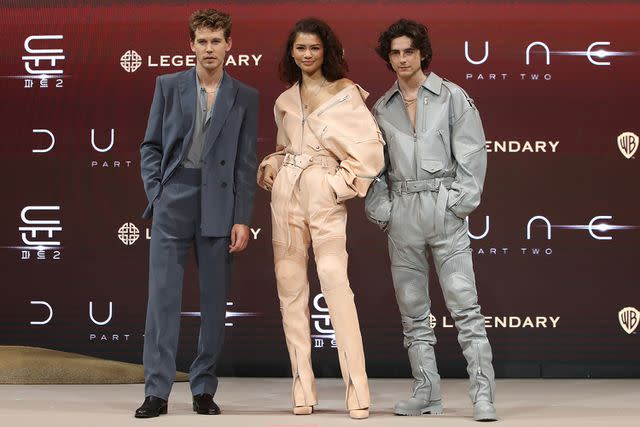 <p>Chung Sung-Jun/Getty Images</p> (Left-right:) Austin Butler, Zendaya and Timothée Chalamet on Feb. 21