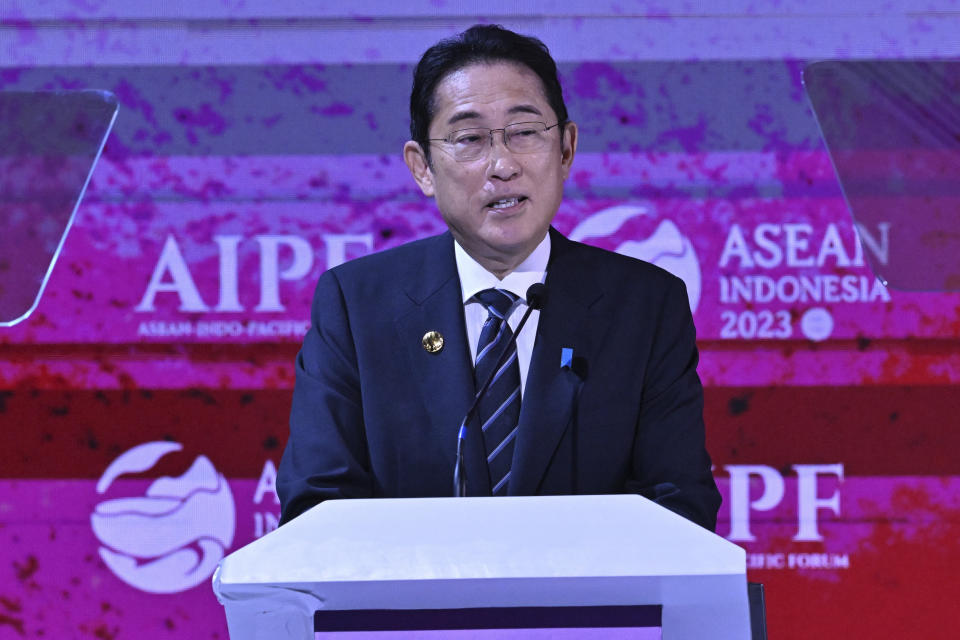 Japan's Prime Minster Fumio Kishida delivers his remarks during the ASEAN-Indo-Pacific Forum on the sidelines of the Association of Southeast Asian Nations (ASEAN) Summit in Jakarta, Indonesia, Wednesday, Sept. 6, 2023. (Adek Berry/Pool Photo via AP)