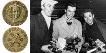 <p>The 1956 medal depicts the Olympic flame behind a woman’s head with a crown of five Olympic rings. The VII Olympic Winter Games were held in Cortina d’Ampezzo, Italy.<br>(IOC photo; Winners of Men’s Slalom, (L-R) Sweden’s Stig Sollander (bronze), Austria’s Tony Sailer (gold); and Japan’s Chiharu Chick Igaya (silver)/AP Photo) </p>