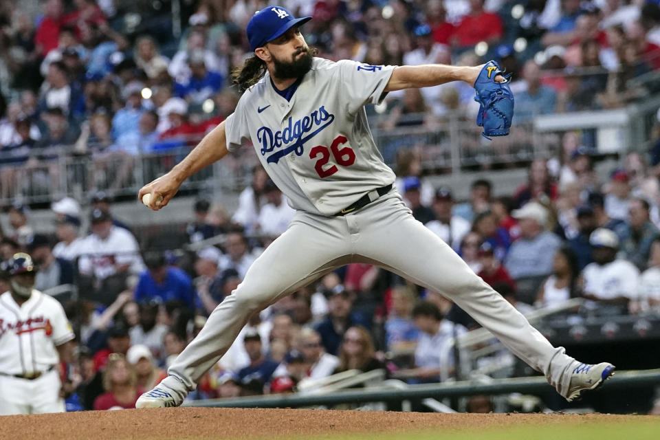 Los Angeles Dodgers starting pitcher Tony Gonsolin works in the sixth inning of the team's baseball game against the Atlanta Braves, Wednesday, May 24, 2023, in Atlanta. (AP Photo/John Bazemore)