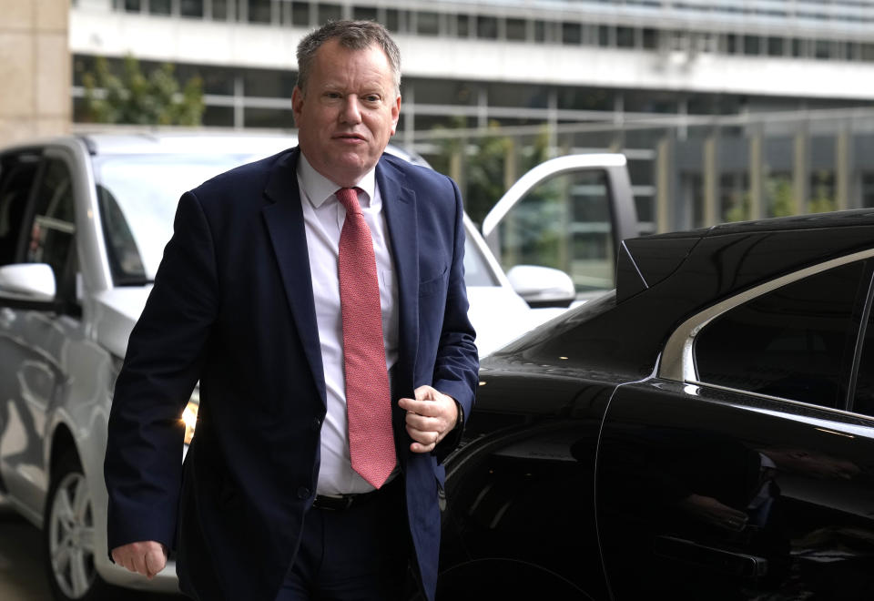 United Kingdom's Brexit negotiator Lord David Frost arrives for a lunch with European Commissioner for Inter-institutional Relations and Foresight Maros Sefcovic at EU headquarters in Brussels, Friday, Oct. 15, 2021. Brexit kicked into high gear again Friday, almost a year after a deal on a free trade agreement was supposed to have officially sealed the separation between the European Union and the United Kingdom. (AP Photo/Virginia Mayo)