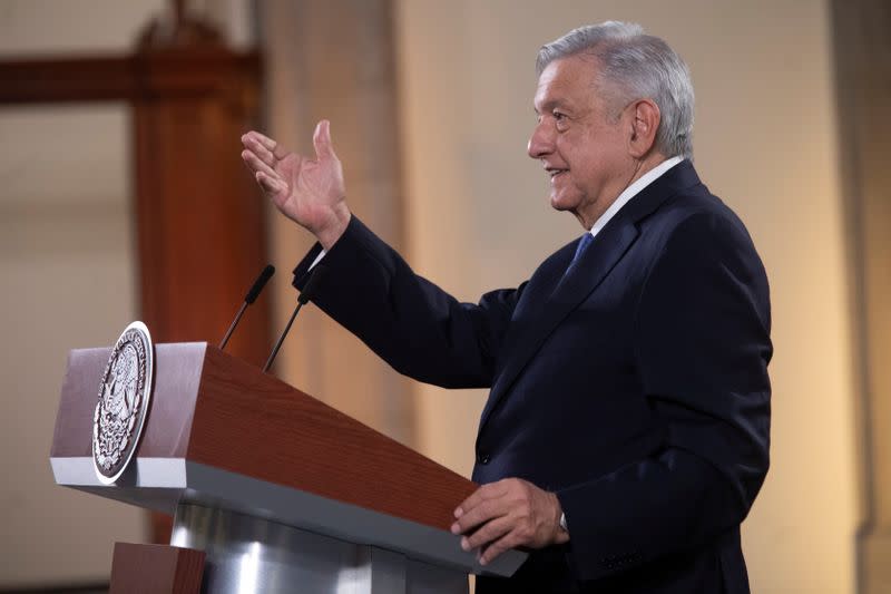 Mexico's President Andres Manuel Lopez Obrador speaks during a news conference before traveling to Washington D.C. to meet with U.S. President Donald Trump, at the National Palace in Mexico City