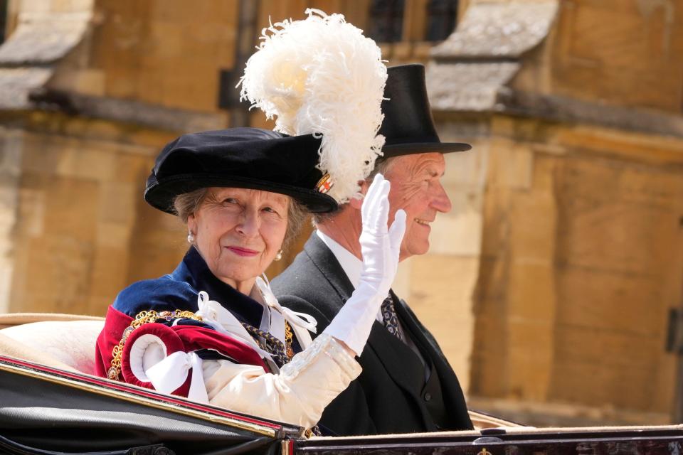 The Princess Royal and Vice Admiral Sir Tim Laurence leave after attending the annual Order of the Garter Service at St George's Chapel, Windsor Castle, Berkshire. Picture date: Monday June 17, 2024.