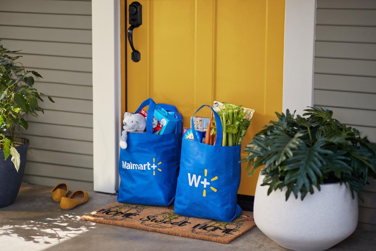 Two Walmart+ bags on customer's doorstep