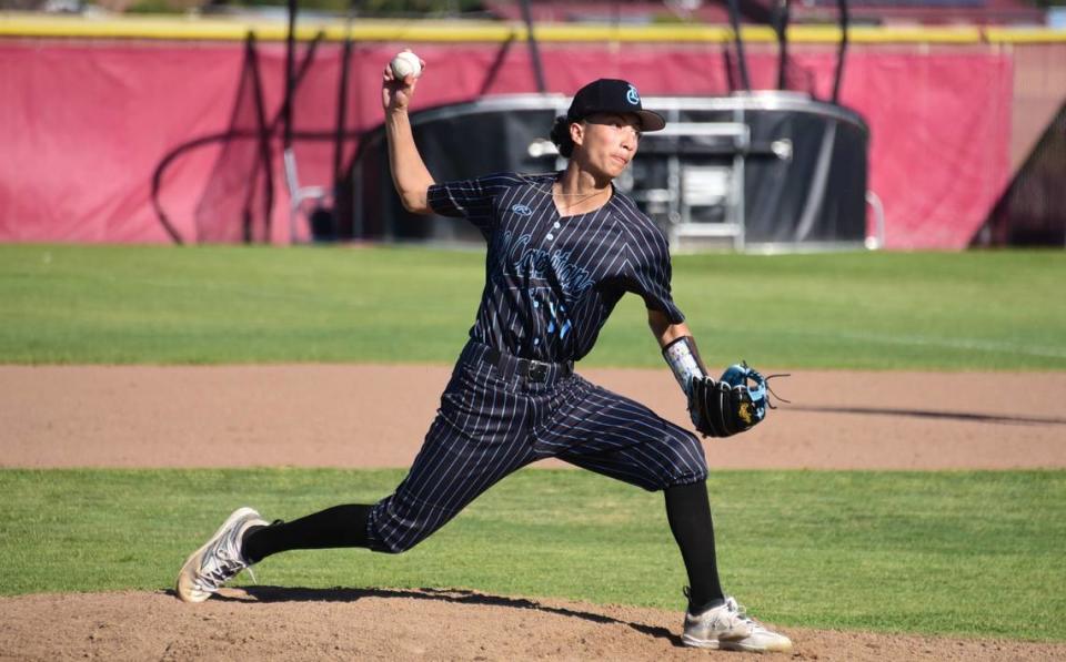El Capitan High sophomore pitcher Brennen Centeno (17) delivers a pitch during a game against Golden Valley on Tuesday, March 26, 2024.