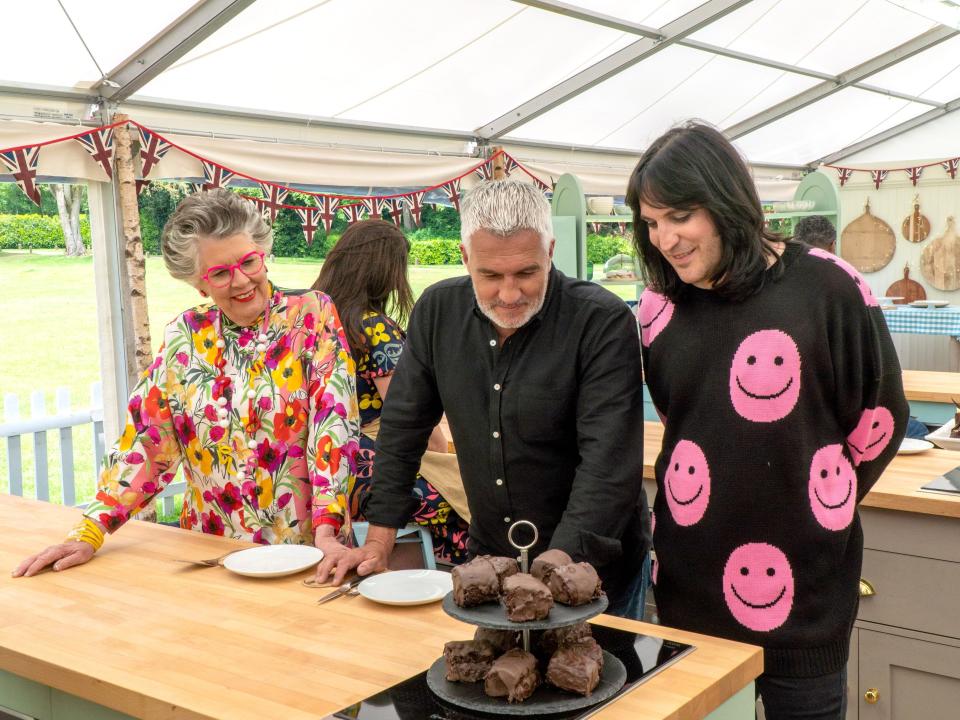 Prue Leith, Paul Hollywood, and Noel Fielding on "The Great British Baking Show"