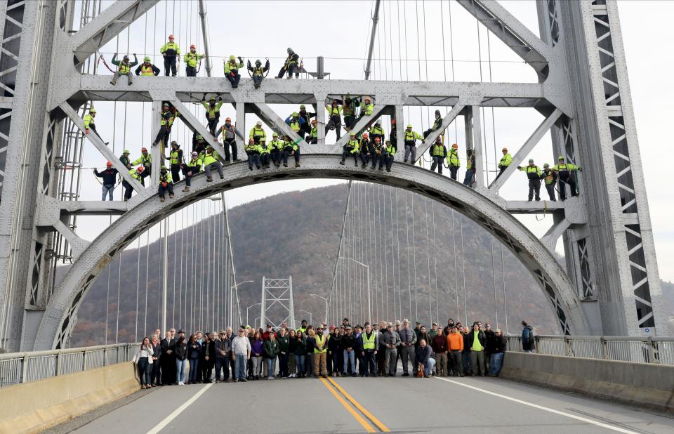 Staff from the Bridge Authority and other area partners gather at the Bear Mountain Bridge Nov. 17, 2023, to recreate a photo taken by the construction crew in 1924. NYSBAâ€™s maintenance crew climbed onto the bridge tower (in modern-day protective gear) and other staff and guests posed on the road deck below. The bridge opened to the general public on Thanksgiving Day, November 27, 1924 and was the first vehicular bridge over the Hudson River south of Albany. Originally operated through a private enterprise, ownership of the bridge was transferred to the New York State Bridge Authority in 1940. In 2024, several events are planned in commemoration of the bridgeâ€™s centennial.