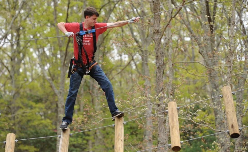 Mitch Bowker, of Charlotte, North Carolina, crosses one of the bridges at the Adventure Park in Sandwich, in a 2015 photo. After battling neighbors living next to the Heritage Museums & Gardens property in Sandwich for five years, a court decision reached Tuesday will enable Heritage to reopen the Adventure Park, said Anne Scott-Putney, president and chief executive officer of the museum.