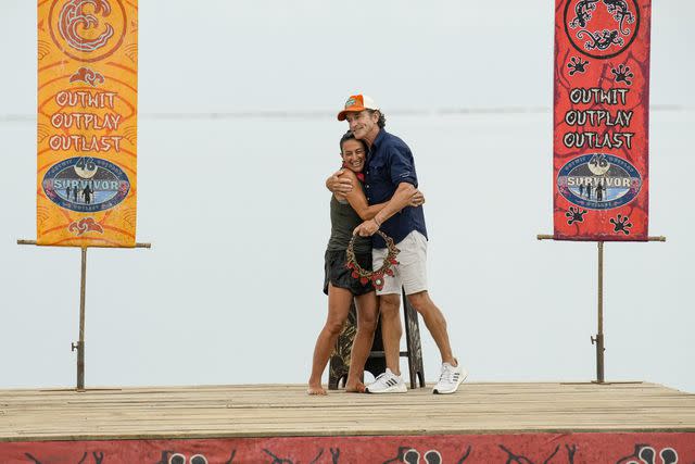 <p>Robert Voets/CBS</p> Maria Shrime Gonzalez and Jeff Probst on 'Survivor 46'