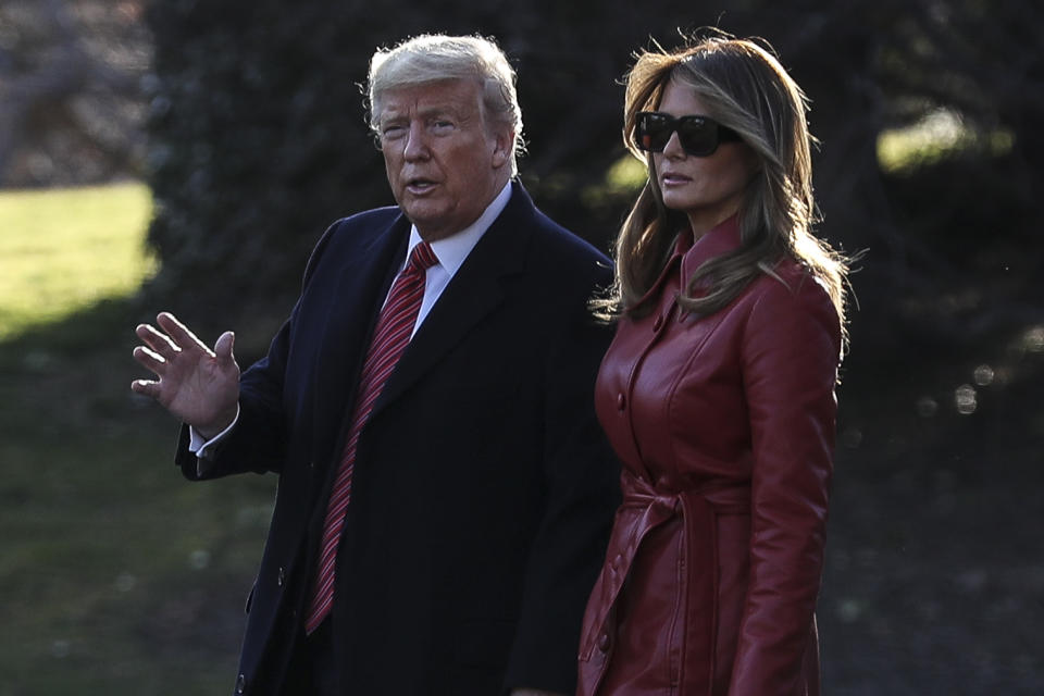  President Donald Trump and first lady Melania Trump walk on the South Lawn of the White House before boarding Marine One on February 14, 2020 in Washington, DC., to spend the weekend in his Mar-a-Lago. (Photo by Oliver Contreras/SIPA USA) 