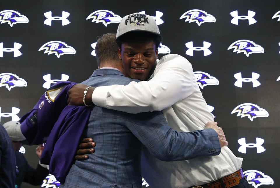 First-round pick Lamer Jackson has seen a warm welcome in Baltimore, for the most part. (AP Photo)