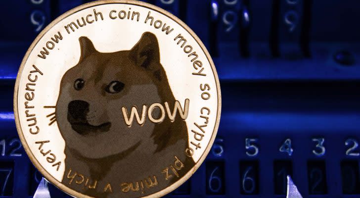 A concept image of Dogecoin (DOGE) with the Shiba Inu and text on a gold token.