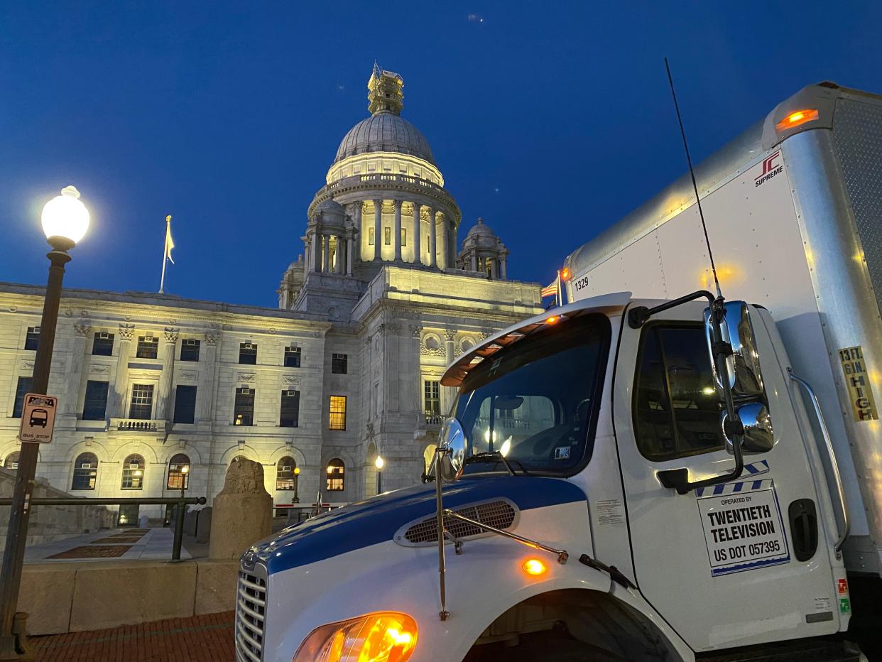 A movie production truck parked on Smith Street in front of the Rhode Island State House early Tuesday for filming of the Twentieth Century Studios production of the James L. Brooks movie "Ella McCay."