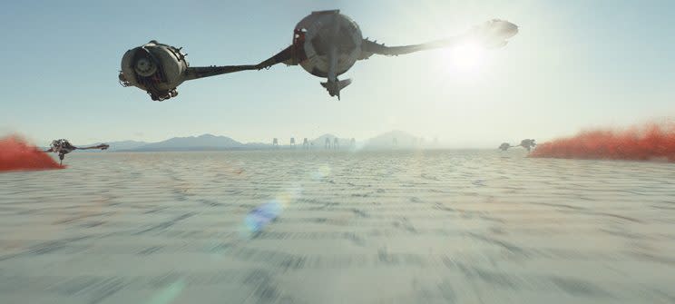 Skimming the surface of the planet Crait in <em>Star Wars: The Last Jedi</em> (Photo: Lucasfilm)